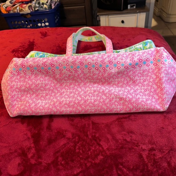 Lilly Pulitzer Canvas Tote Bag Tropical Palm Print Pink Green Beach Bag - Picture 4 of 12